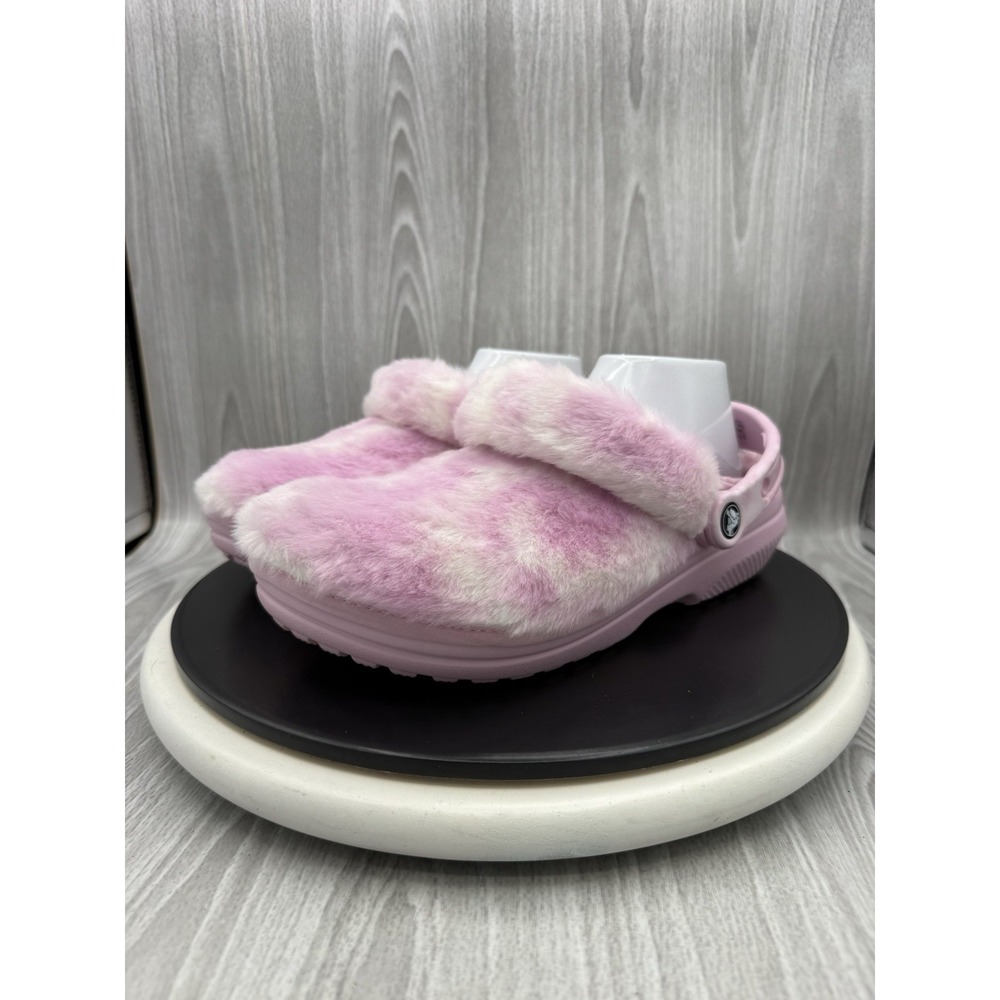 Crocs Classic Fur Sure Womens Size 9 Pink White Tie-Dye Fur Lined Slip On Clogs